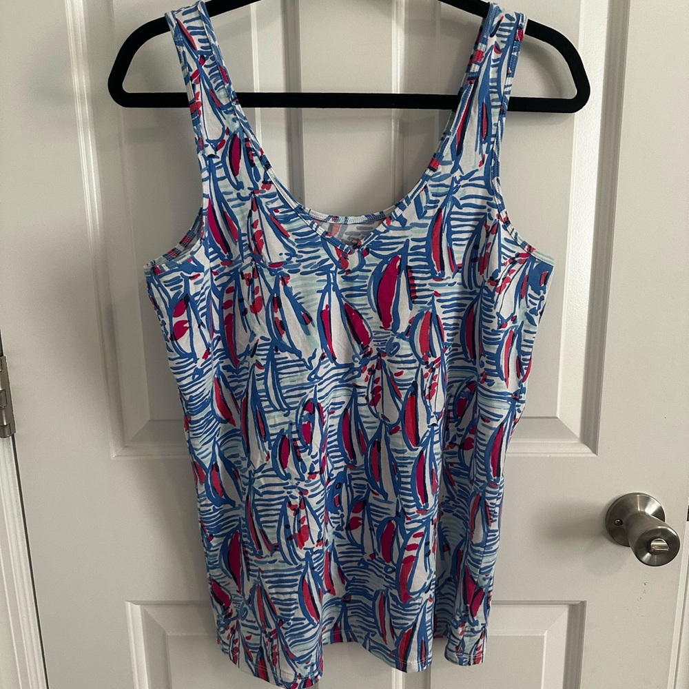 LILLY PULITZER Tabbie V-Neck Tank Top Sailboat Print “Red Right Return”
